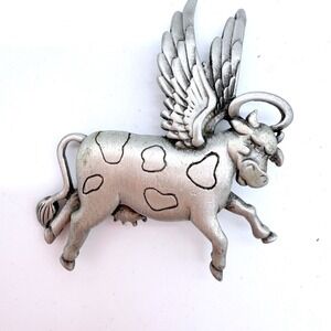 Brooch Flying Cow Signed JJ Vintage Pin Angel Wings & Halo‎ Gold Tone